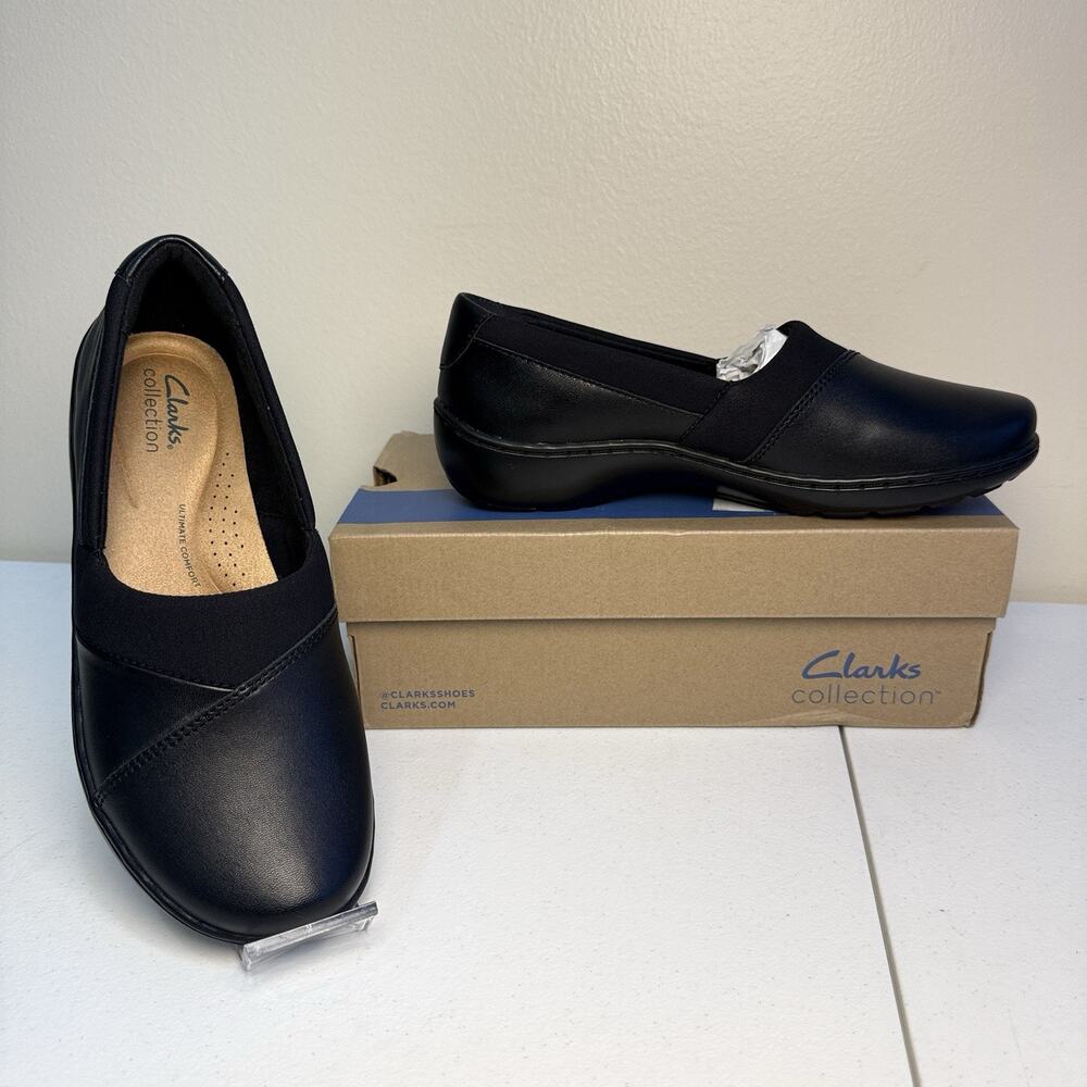 Clarks Cora Charm Black Leather Comfort Slip On Shoes Women’s 7W Wide NEW - Picture 3 of 9